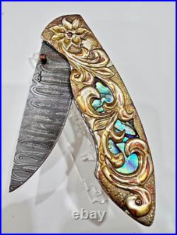 Custom Folding Knife Damascus Steel Mokume Carved Abalone Rare S. Jangtanong S-14