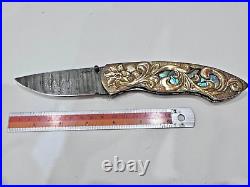 Custom Folding Knife Damascus Steel Mokume Carved Abalone Rare S. Jangtanong S-14