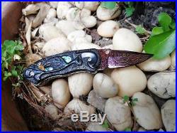 Custom Folding Knife Handmade Damascus Steel key chain Abalone carve Wood rare