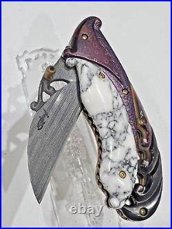 Custom Folding Knife Stainless Damascus Steel Turquoise Rare S. Jangtanong S-16
