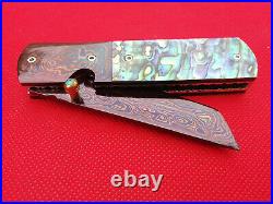 Custom Folding Knife Tanto Color Damascus Steel amazing Abalone Pearl craft Art