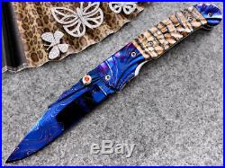 Custom Folding Knife With Gorgeous Fossil Mammoth And Blued Damascus