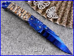Custom Folding Knife With Gorgeous Fossil Mammoth And Blued Damascus