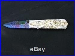 Custom Folding Knife by Lek Bovi Mosaic Damascus carve Plating Pink gold Silver