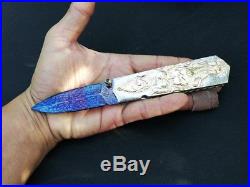 Custom Folding Knife by Lek Bovi Mosaic Damascus carve Plating Pink gold Silver