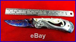 Custom Folding Knife by Suchat mosaic Damascus Steel White pearl carve Abalone