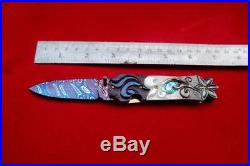 Custom Folding Knife by Suchat mosaic Damascus Steel black pearl carve Abalone