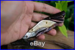 Custom Folding Knife mosaic Damascus Steel White pearl carve Abalone #9