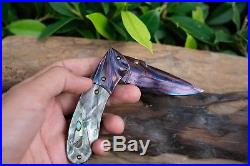 Custom Folding Knife mosaic Damascus Steel White pearl carve Abalone by Suchat