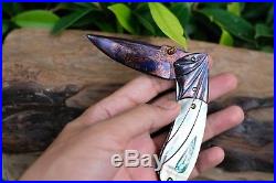 Custom Folding Knife mosaic Damascus Steel White pearl carve Abalone by Suchat