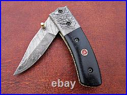 Custom Hand Crafted Engraved Damascus Steel Folding Knife Micarta Handle