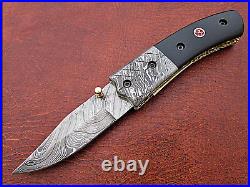 Custom Hand Crafted Engraved Damascus Steel Folding Knife Micarta Handle