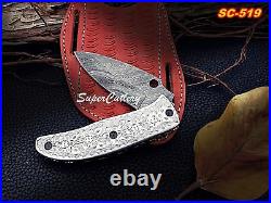 Custom Hand Crafted Fully Engraved Damascus Steel Pocket Folding Knife- Silver