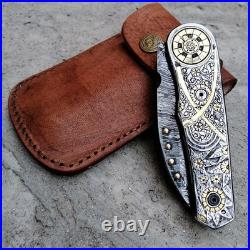 Custom Hand Engraved Damascus Pocket Folding knife Collectors Item