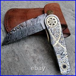 Custom Hand Engraved Damascus Pocket Folding knife Collectors Item