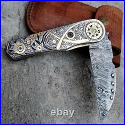 Custom Hand Engraved Damascus Pocket Folding knife Collectors Item