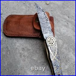 Custom Hand Engraved Damascus Pocket Folding knife Collectors Item