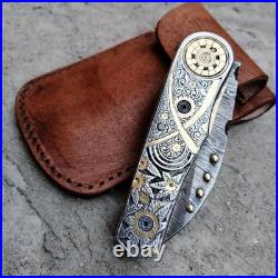 Custom Hand Engraved Damascus Pocket Folding knife Collectors Item