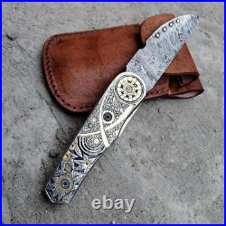 Custom Hand Engraved Damascus Pocket Folding knife Collectors Item