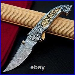 Custom Hand Engraved Damascus Steel Folding knife, Pocket Knife & Sheath