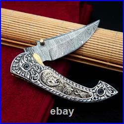 Custom Hand Engraved Damascus Steel Folding knife, Pocket Knife & Sheath
