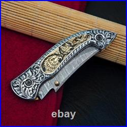 Custom Hand Engraved Damascus Steel Folding knife, Pocket Knife & Sheath