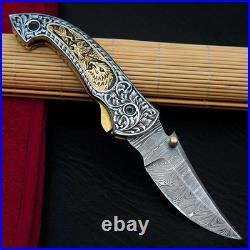 Custom Hand Engraved Damascus Steel Folding knife, Pocket Knife & Sheath