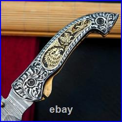 Custom Hand Engraved Damascus Steel Folding knife, Pocket Knife & Sheath