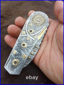 Custom Hand Engraved Damascus Steel Pocket Folding knife Collectors Item