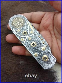 Custom Hand Engraved Damascus Steel Pocket Folding knife Collectors Item