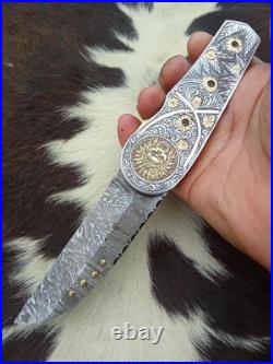 Custom Hand Engraved Damascus Steel Pocket Folding knife Collectors Item