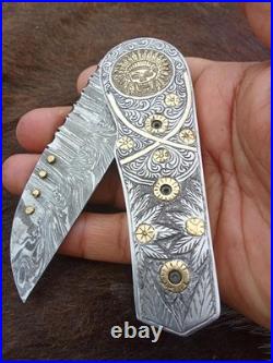 Custom Hand Engraved Damascus Steel Pocket Folding knife Collectors Item
