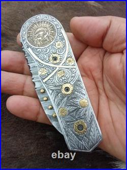Custom Hand Engraved Damascus Steel Pocket Folding knife Collectors Item