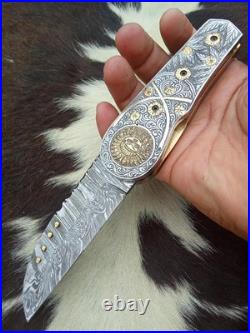 Custom Hand Engraved Damascus Steel Pocket Folding knife Collectors Item