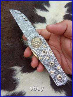 Custom Hand Engraved Damascus Steel Pocket Folding knife Collectors Item