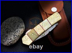 Custom Hand Forged Crafted Pocket Folding Knife Engraved Brass Camel Bone Handle