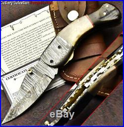 Custom Hand Forged Damascus Folding Knife Liner Lock Ram Horn