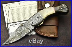 Custom Hand Forged Damascus Folding Knife Liner Lock Ram Horn