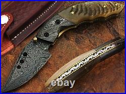 Custom Hand Forged Damascus Folding Pocket Knife Ram Horn Handle Leather Sheath