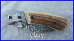 Custom Hand Made Damascus Folding Pocket Knife -liner Lock -stag Antler