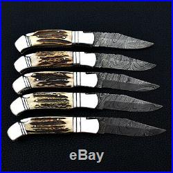 Custom Hand Made Damascus Steel Folding Knife Stag Horn Handle Set of 5 Pieces
