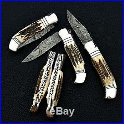 Custom Hand Made Damascus Steel Folding Knife Stag Horn Handle Set of 5 Pieces