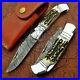 Custom-Hand-Made-Damascus-Steel-Folding-Knife-Stag-Horn-Handle-with-Leather-Sheath-01-mx