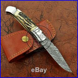 Custom Hand Made Damascus Steel Folding Knife Stag Horn Handle with Leather Sheath