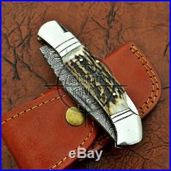 Custom Hand Made Damascus Steel Folding Knife Stag Horn Handle with Leather Sheath