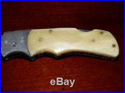 Custom Hand-Made Damascus Steel Folding Knife with Mammoth Handle