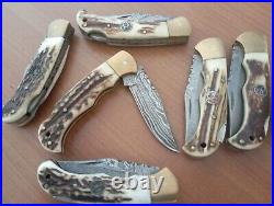 Custom Hand Made Damascus Steel Folding Pocket Knives (lot Of 6)