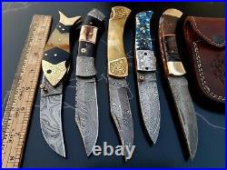 Custom Hand Made Damascus Steel Pocket Folding Knives (lot Of 5) Riz Bro 03