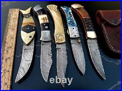 Custom Hand Made Damascus Steel Pocket Folding Knives (lot Of 5) Riz Bro 03