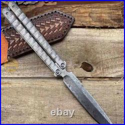 Custom Hand Made Forged Damascus Steel Folding Pocket Knife Hunting With Sheath